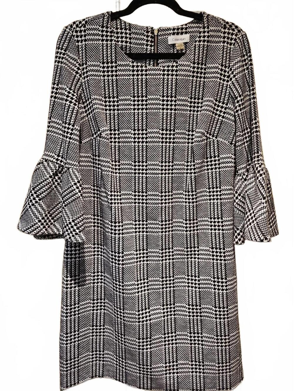 Calvin Klein Womens Plaid Ponte Knit Bell Sleeve Dress Black White Sz 14 career